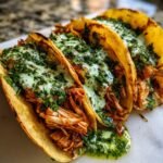 shredded chicken tacos with creamy chimichurri sauce