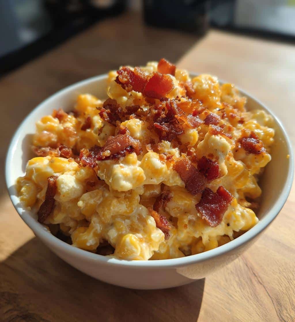 slow cooker cheddar corn with bacon - detail 1