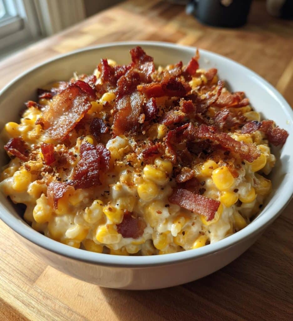 slow cooker cheddar corn with bacon