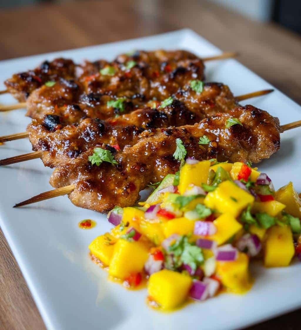 spicy honey garlic chicken skewers with mango salsa - detail 1