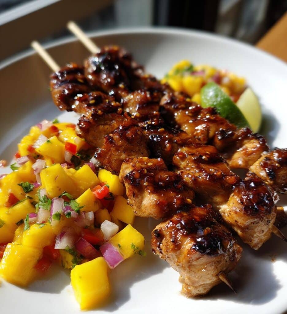 spicy honey garlic chicken skewers with mango salsa