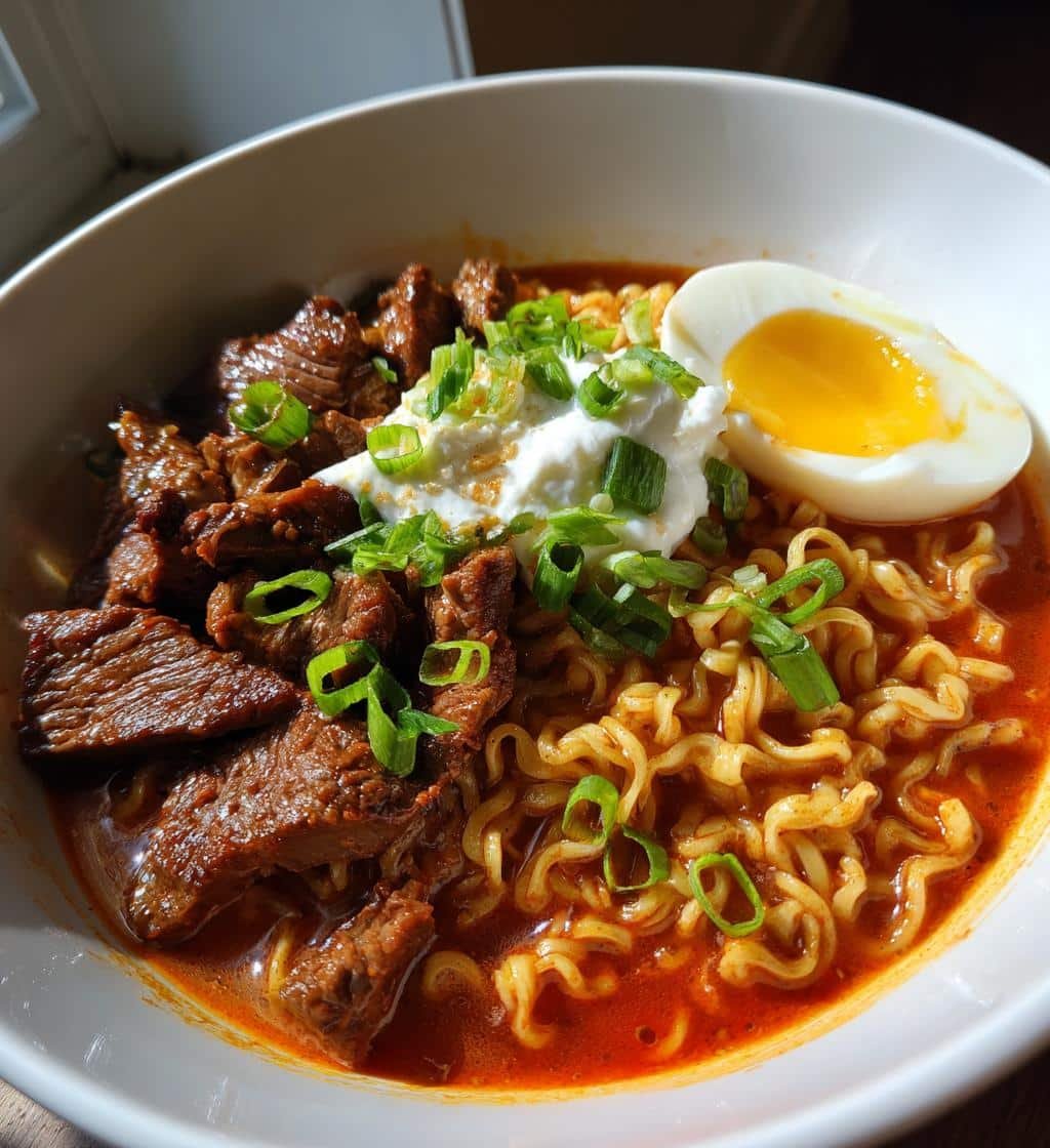 spicy korean ramen with grilled beef and creamy sauce - detail 1