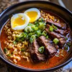 spicy korean ramen with grilled beef and creamy sauce