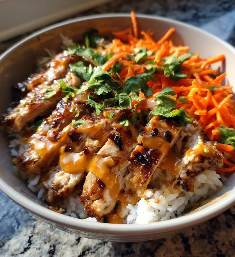 sweet chili chicken bowl with zesty coconut lime drizzle